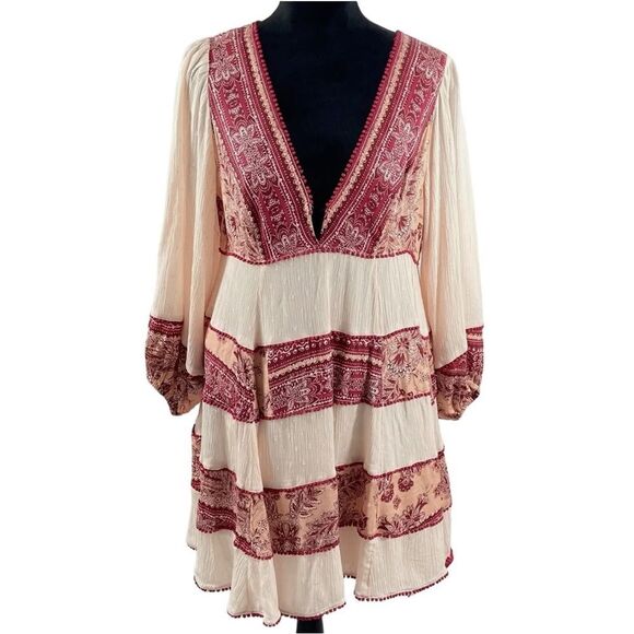 Free Peope My Love Balloon Sleeve Mixed Print V Neck Long  Sleeve Small - Picture 4 of 13